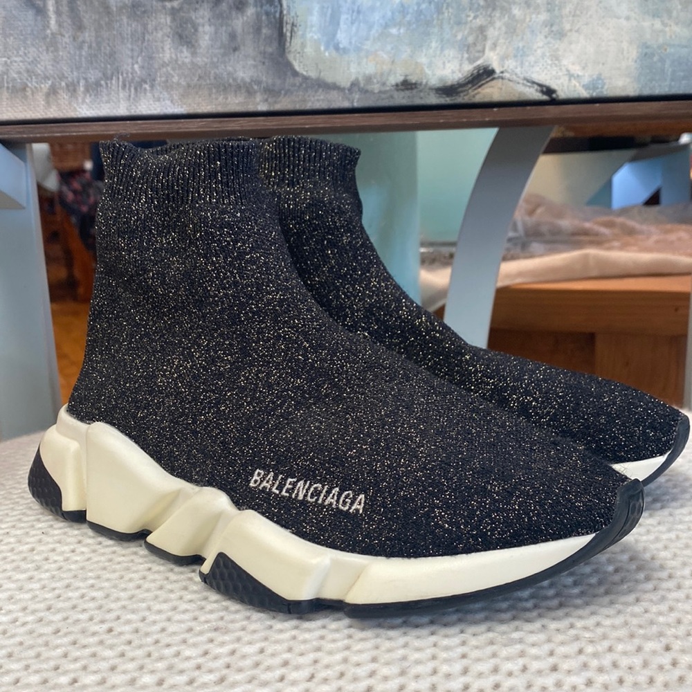 BALENCIAGA Speed Trainer 'Gold Metallic/Black' High-Top Sock Sneakers